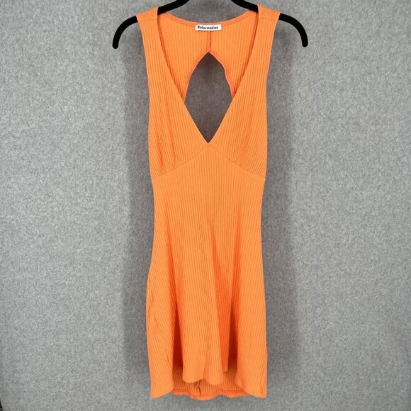 Reformation Coco Dress Size L Tangerine Orange Ribbed Knit Mini Open Back - Picture 1 of 10